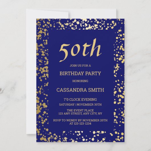 高級エジプト金ゴールドスプリンクラーズネイビーブルー誕生日 招待状 (正面)
