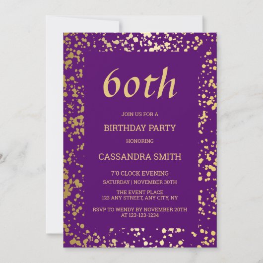 高級エジプト金ゴールドスプリンクラーズパープル誕生日 招待状 (正面)