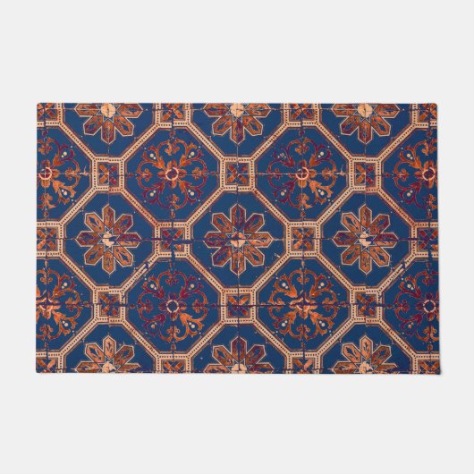 高級エスニックタイルパターン |青とオレンジ ドアマット (正面)