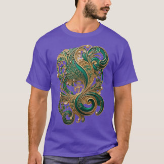 高級エメラルドグリーン ゴールド フィリアグリー スワール柄T Tシャツ