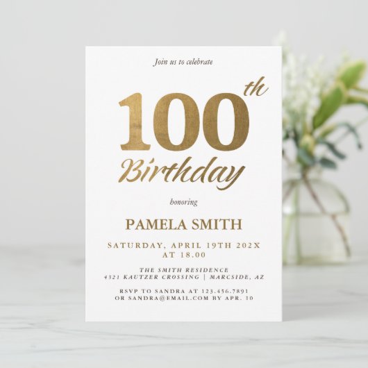 高級エレガントクラシックフェイク金ゴールド100歳の誕生日 招待状 (スタンド正面)