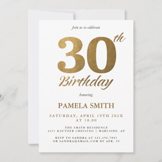 高級エレガントクラシックフェイク金ゴールド30歳の誕生日 招待状 (正面)