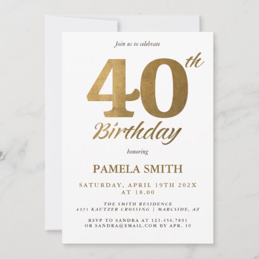 高級エレガントクラシックフェイク金ゴールド40歳の誕生日 招待状 (正面)