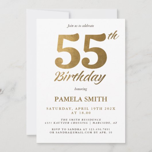 高級エレガントクラシックフェイク金ゴールド55歳の誕生日 招待状 (正面)