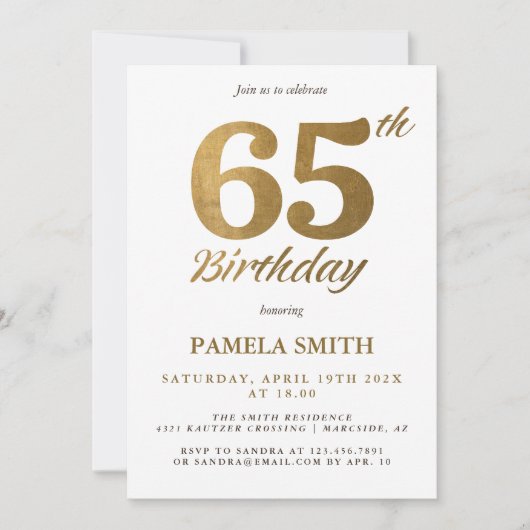 高級エレガントクラシックフェイク金ゴールド65歳の誕生日 招待状 (正面)