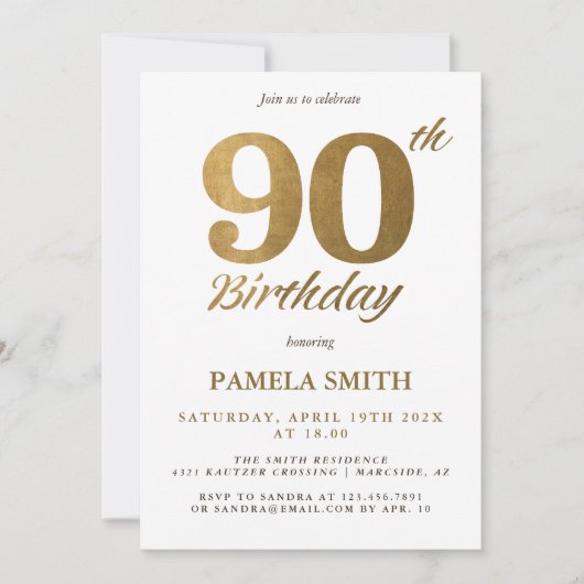 高級エレガントクラシックフェイク金ゴールド90歳の誕生日 招待状 (正面)