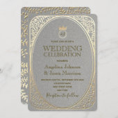 高級エレガントシルバー&金ゴールドフローラスワ結婚ーズ 招待状 (正面/裏面)