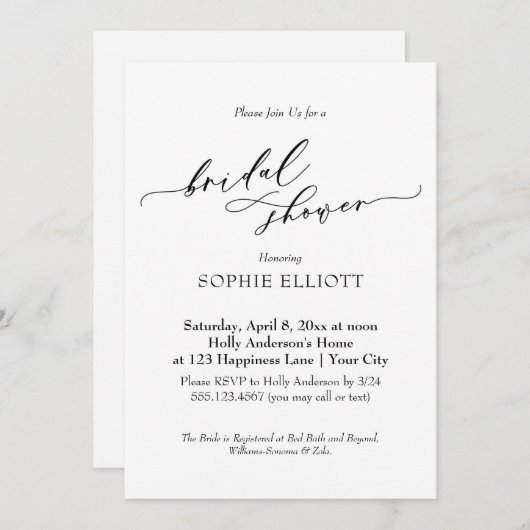 高級エレガントタイポグラフィブライダルシャワーシンプル 招待状 (正面/裏面)