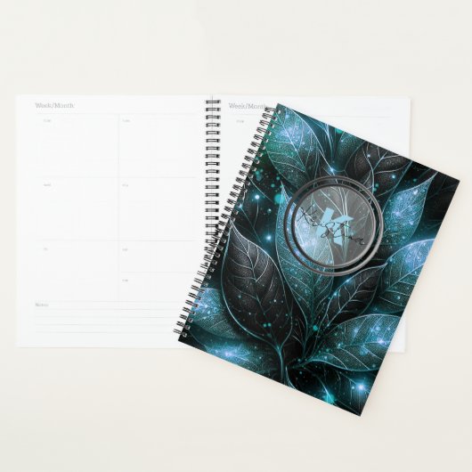 高級エレガントティール（緑がかった色）黒い白熱［赤熱］光を放つ葉 プランナー手帳 (ディスプレー)