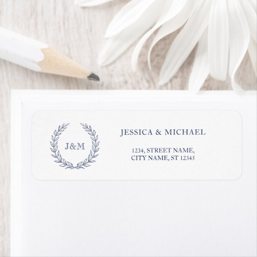 高級エレガントネイビーブルーリースズ結婚モノグラム ラベル (インサイチュ)