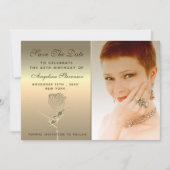 高級エレガントフローラ金ゴールドバラフラワー誕生日 セーブザデート (正面)