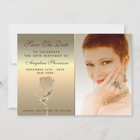 高級エレガントフローラ金ゴールドバラフラワー誕生日 セーブザデート (正面)