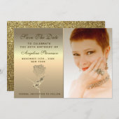 高級エレガントフローラ金ゴールドバラフラワー誕生日 セーブザデート (正面/裏面)