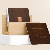 高級エレガントブラウンレザー銅金ゴールドモノグラム スクエア名刺