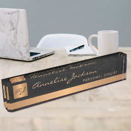 高級エレガントブラックレザー金ゴールドモノグラムの デスクネームプレート