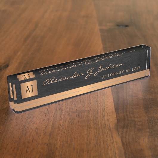 高級エレガントブラックレザー金ゴールドモノグラム弁護士 デスクネームプレート (側面)