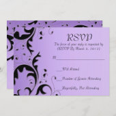 高級エレガントブラック/パープルフローラRSVPカード 招待状 (正面/裏面)