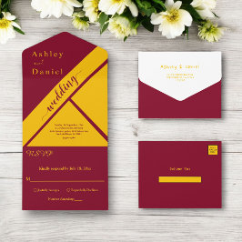 高級エレガントブルゴーニュと金ゴールドギルド結婚ズ オールインワン招待状