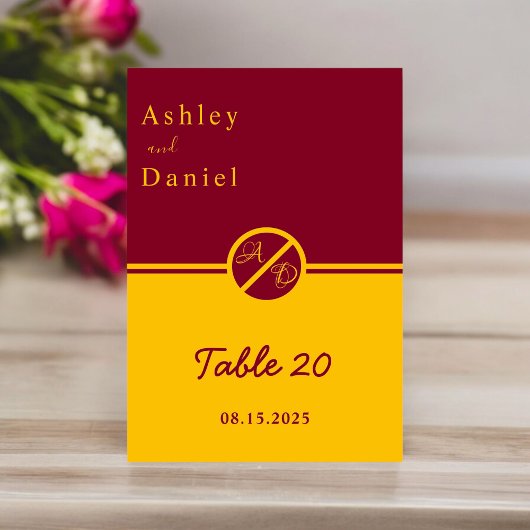 高級エレガントブルゴーニュと金ゴールドモノグラム結婚ズ テーブルナンバー