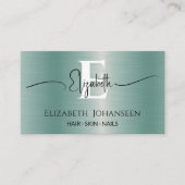 高級エレガントブルーブラシ仕上げ金属モノグラガーリーム 名刺 (正面)