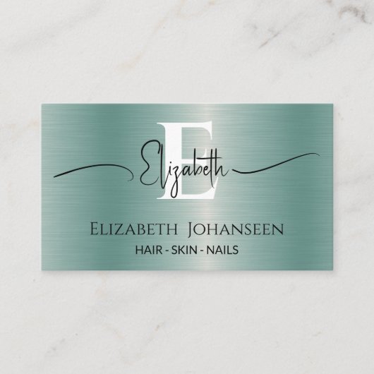 高級エレガントブルーブラシ仕上げ金属モノグラガーリーム 名刺 (正面)