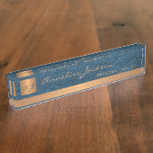 高級エレガントブルーレザー金ゴールドモノグラムの デスクネームプレート (側面)