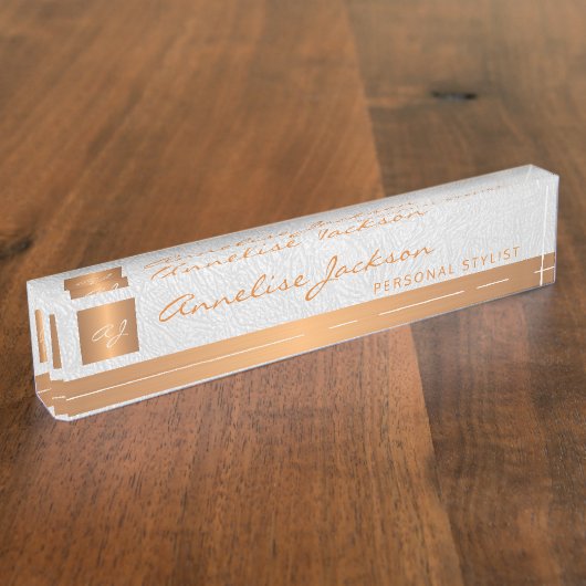 高級エレガントホワイトレザー金ゴールドモノグラムの デスクネームプレート (側面)