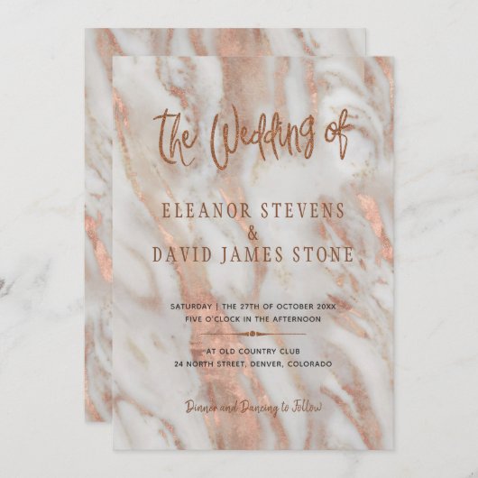 高級エレガント大理石の銅とバラ金ゴールド結婚ズ 招待状 (正面/裏面)