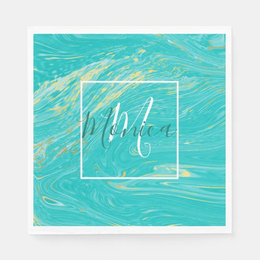 高級エレガント大理石王室の金ゴールドブルーモノグラム スタンダードランチョンナプキン (正面)