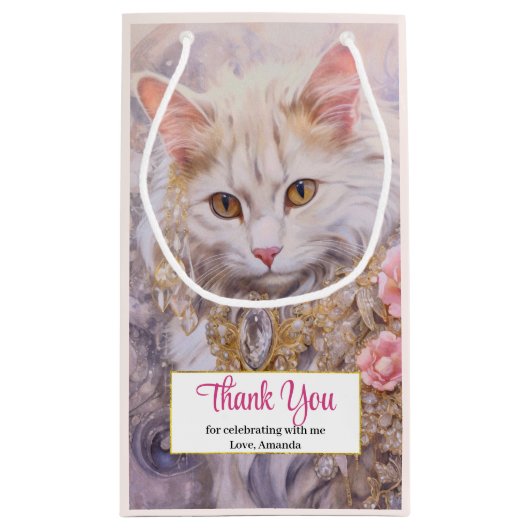 高級エレガント宝石を着た白猫ありがとう スモールペーパーバッグ (裏面)