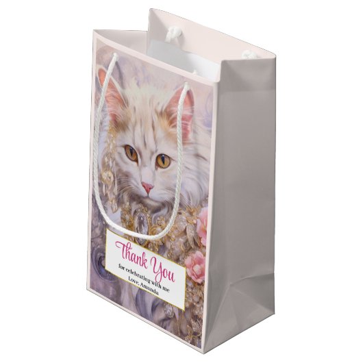 高級エレガント宝石を着た白猫ありがとう スモールペーパーバッグ (裏面アングル)