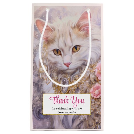 高級エレガント宝石を着た白猫ありがとう スモールペーパーバッグ (正面)