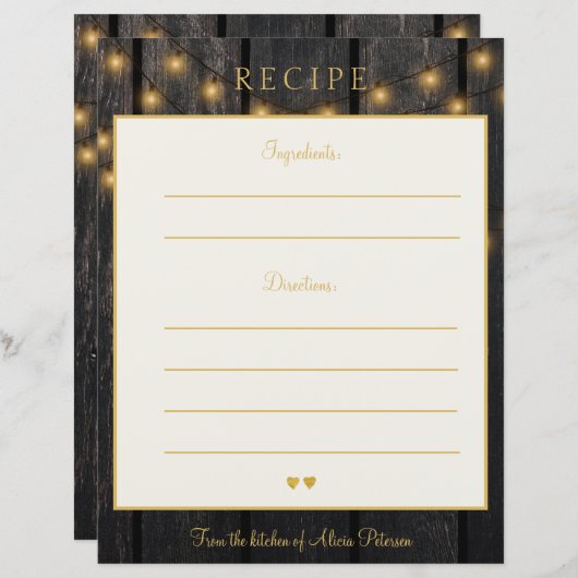 高級エレガント木材金ゴールドタイポグラフィレシピカード (正面/裏面)