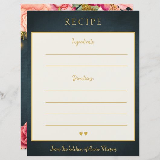 高級エレガント海軍金ゴールドタイポグラフィレシピカード (正面/裏面)