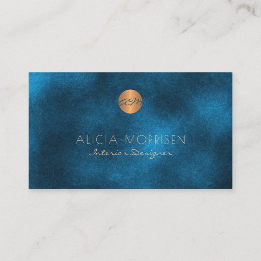 高級エレガント濃い青色のモノグラムの水色 名刺 (正面)
