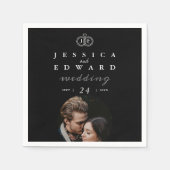 高級エレガント白黒モノグラム結婚フォト スタンダードカクテルナプキン (正面)