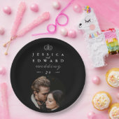 高級エレガント白黒モノグラム結婚フォト ペーパープレート (パーティー)