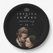 高級エレガント白黒モノグラム結婚フォト ペーパープレート (正面)