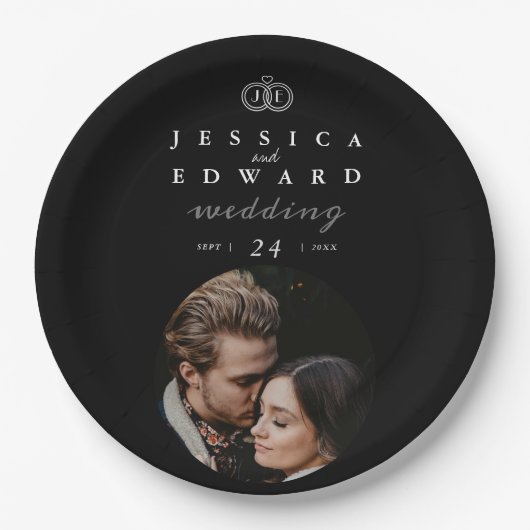 高級エレガント白黒モノグラム結婚フォト ペーパープレート (正面)