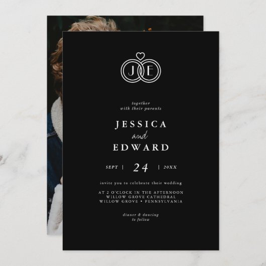 高級エレガント白黒モノグラム結婚フォト 招待状 (正面/裏面)