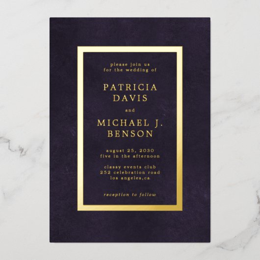 高級エレガント紫金ゴールドフォイルタイポグラフィ結婚ズ 箔招待状 (正面)