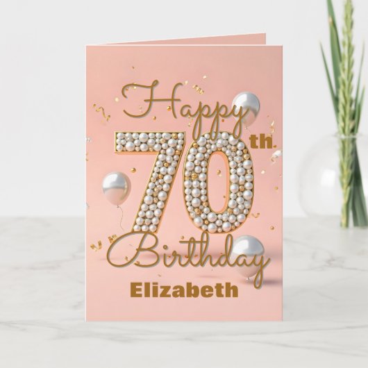 高級エレガント金ゴールドとソフトピンク70誕生日 カード (正面)