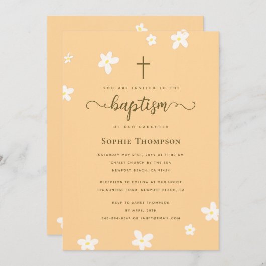 高級エレガント金ゴールドクロスフローラ宗教洗礼 招待状 (正面/裏面)