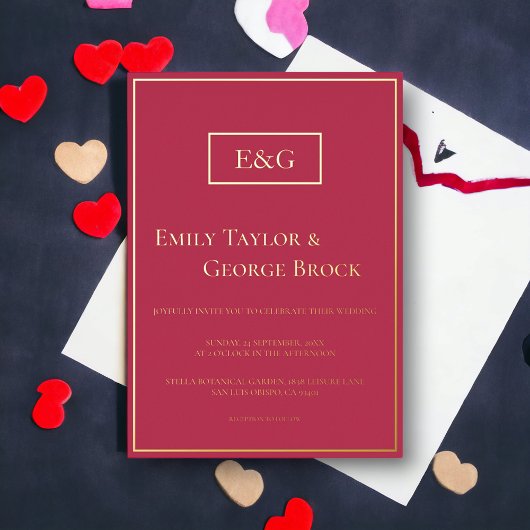 高級エレガント金ゴールドスクリプモダント結婚マジェンタ 箔招待状