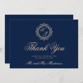 高級エレガント金ゴールドモノグラムネイビーブルー結婚ズ サンキューカード (正面/裏面)
