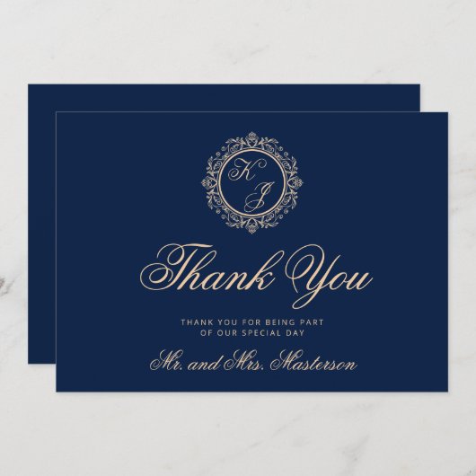 高級エレガント金ゴールドモノグラムネイビーブルー結婚ズ サンキューカード (正面/裏面)