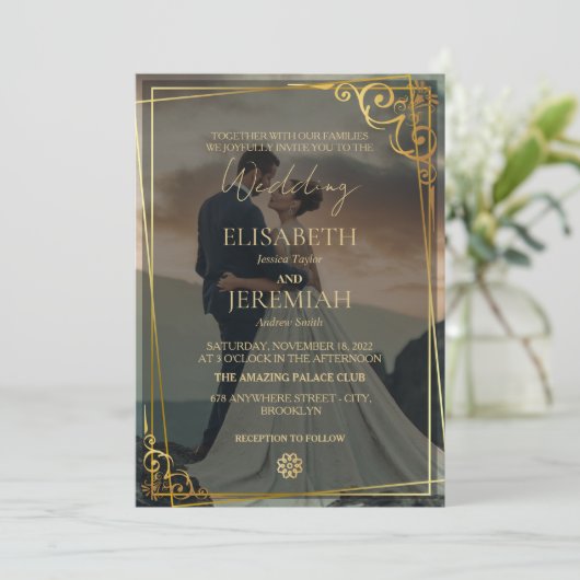 高級エレガント金ゴールド&ブラックオーバーレイフォト結婚ズ 招待状 (スタンド正面)