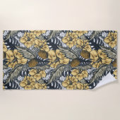 高級エレガント金ゴールドN'ブラック熱帯花 ビーチタオル (正面)