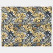 高級エレガント金ゴールドN'ブラック熱帯花 フリースブランケット (正面(横))