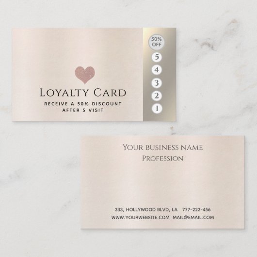 高級エレガント金属パールピンクハート ロイヤリティカード (正面/裏面)